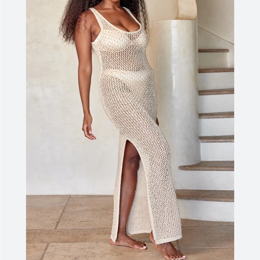 Monday Swimwear Cream Knit Maxi Dress with diamonds